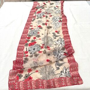 Silk Lightweight Scarf Red Floral Hummingbird Print Rectangular Wrap Soft CHIC